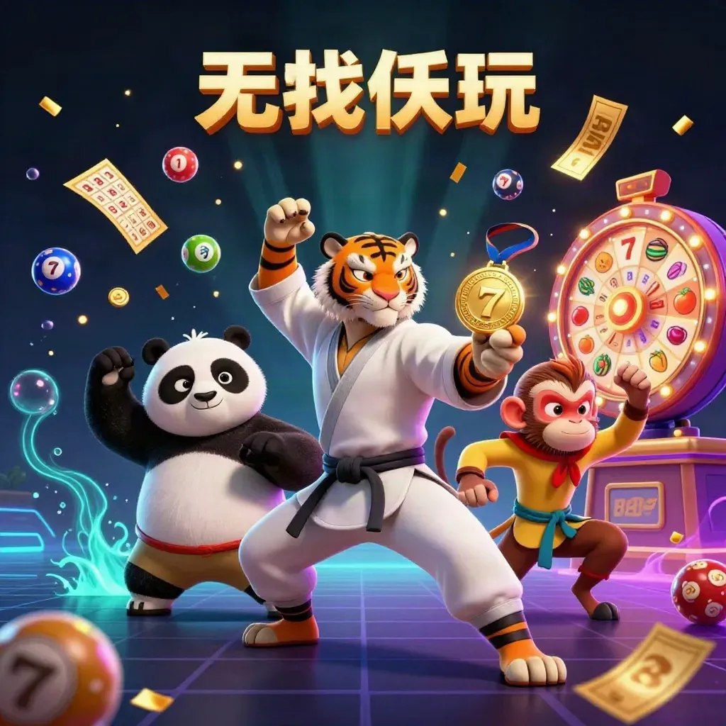 Kung-fu tiger, panda, and monkey amid casino bursts, lights, and golden prizes.