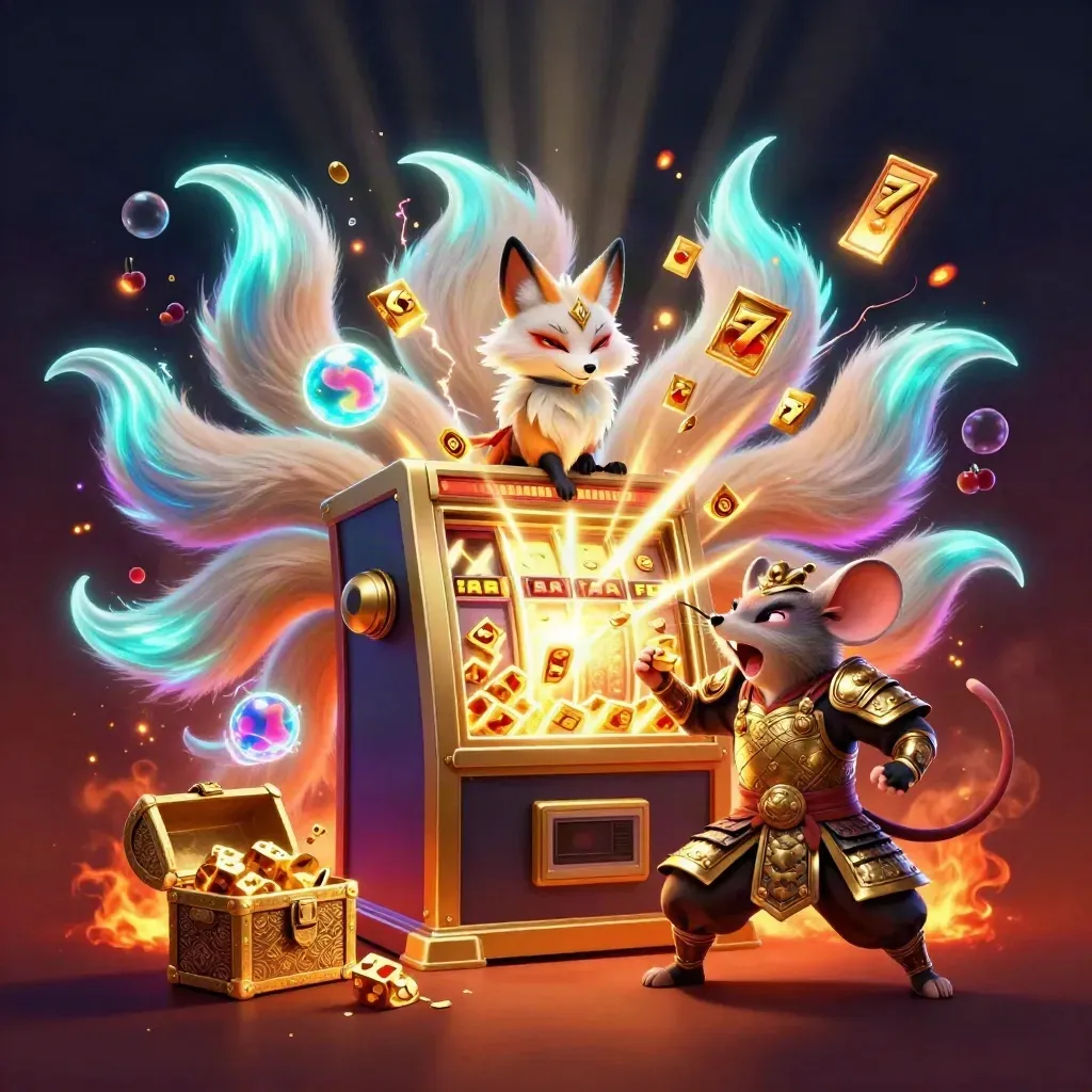 Fox spirit and gold-armoured mouse burst from a jackpot slot machine with neon sparks and treasure.