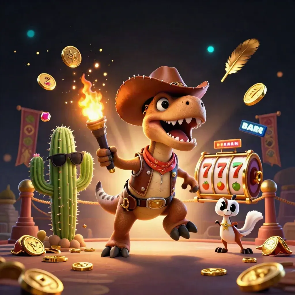 Cowboy T-Rex, cactus sidekick, and sheriff roadrunner amid casino treasure and glowing temple gates
