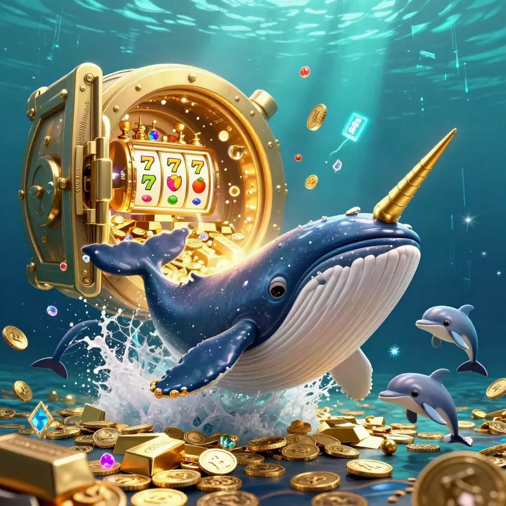 Whale captain, narwhal and dolphins explode from coins and treasure in a luxe underwater casino