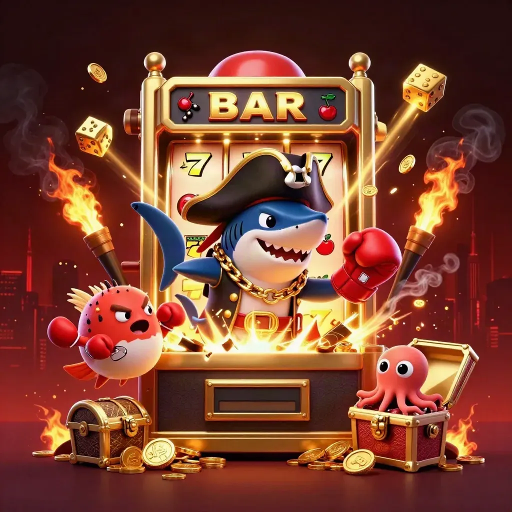 Pirate shark, boxing pufferfish and juggling octopus erupt from a gold slot machine blast.