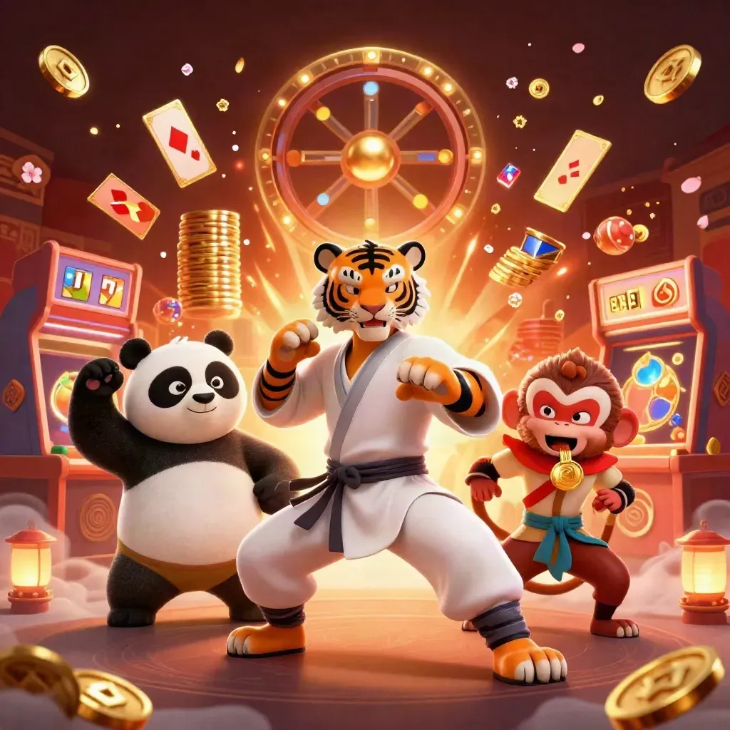 Kung-fu tiger, panda, and monkey amid gold coins and casino effects on a fiery dark background