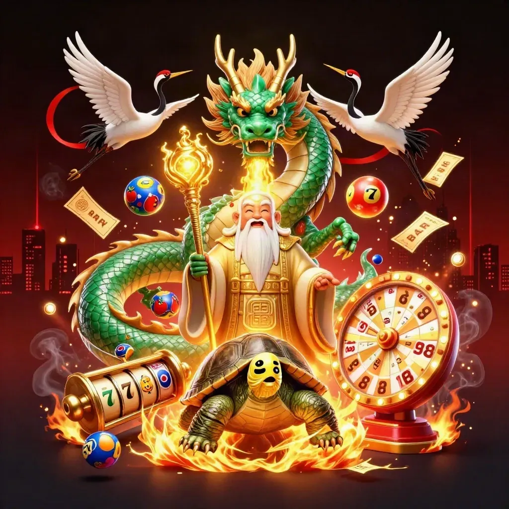 Jade dragon, turtle sage and cranes amid casino bursts and golden fire on a dark skyline.