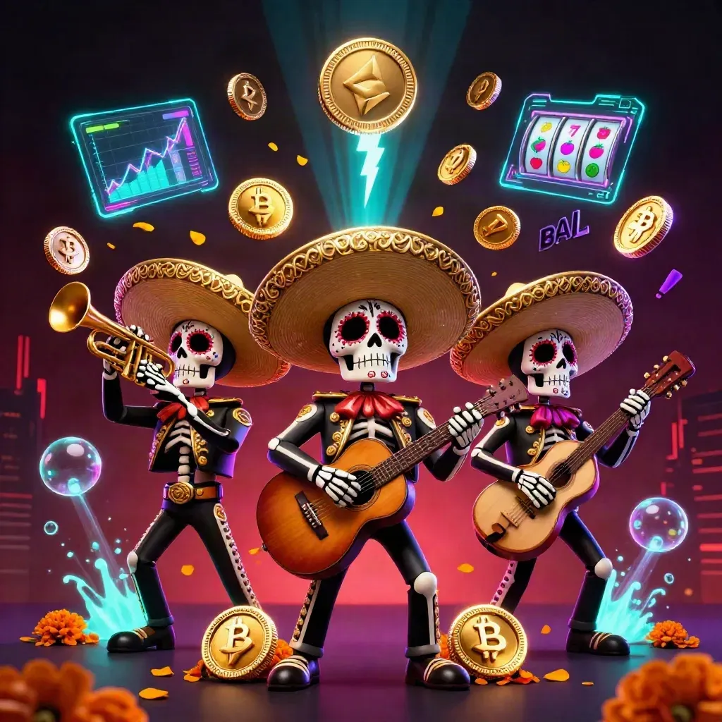 Skeleton mariachi trio amid casino symbols, coins, lightning, and glowing petals