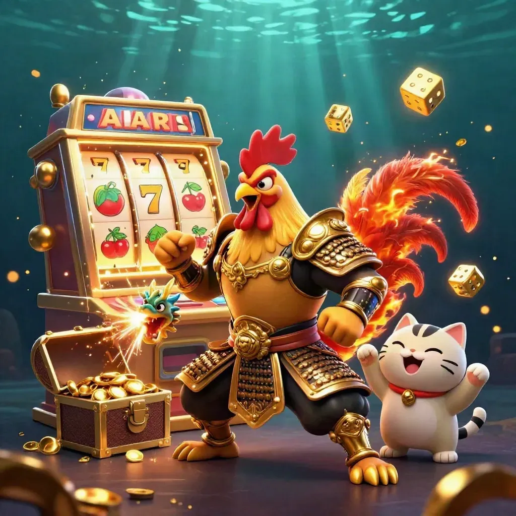 Rooster samurai, dragon hatchling, and fortune cat amid slot reels, gold, and jackpot glow